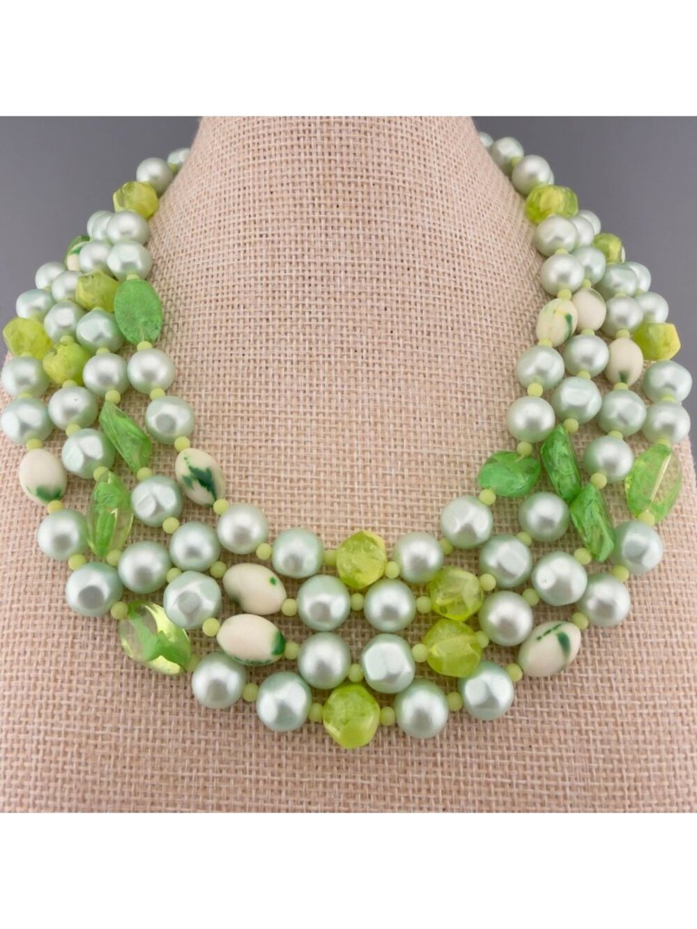Vintage Multi Strand Beaded Collar Necklace Green White Lucite Made in Japan